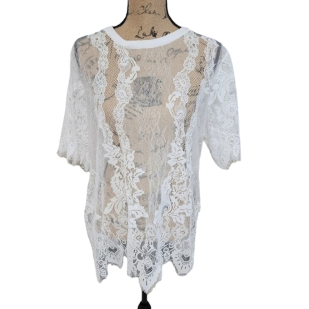 Paper + Tee Womens White Floral‎ Lace Short Sleeve Sheer Top K67025X Plus 1X NEW